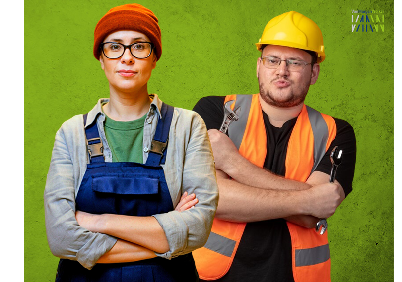 weibliche und männliche gewerbliche Fachkräfte in Arbeitskleidung